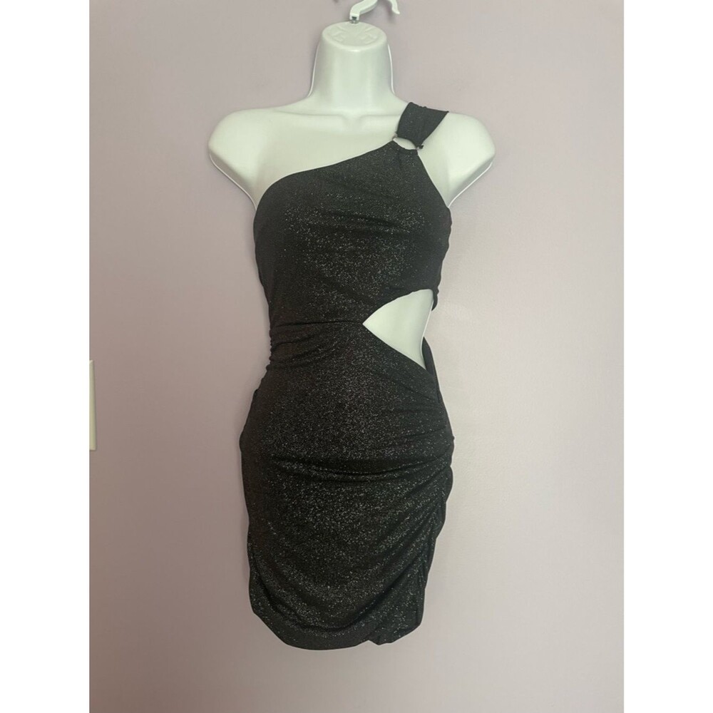 Lucy in the Sky One-Shoulder Cutout Mini Dress in Black Shimmer size XS